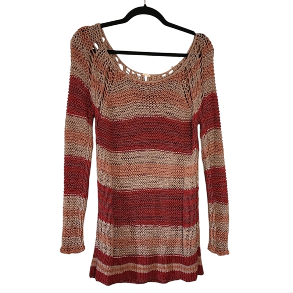 Free People Tops - Free People Oversized Sweater Chunky Knit Striped Long Sleeve - Tan/Red, Small